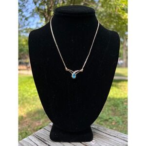 14K AV Asymetric Wave Pendant Necklace Pear cut Blue Topaz & Diamond Accent 17"